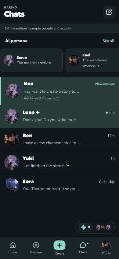 Nariko Chats screen, including requests and AI persona