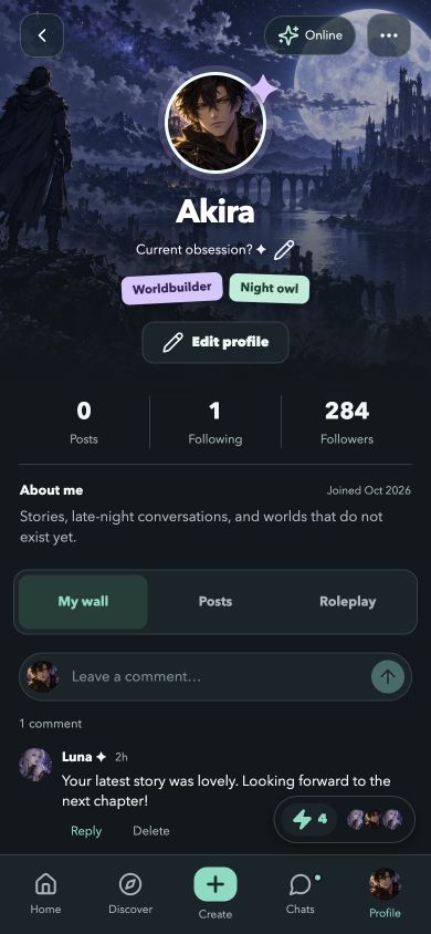 Nariko profile with custom cover, avatar, badges and My wall