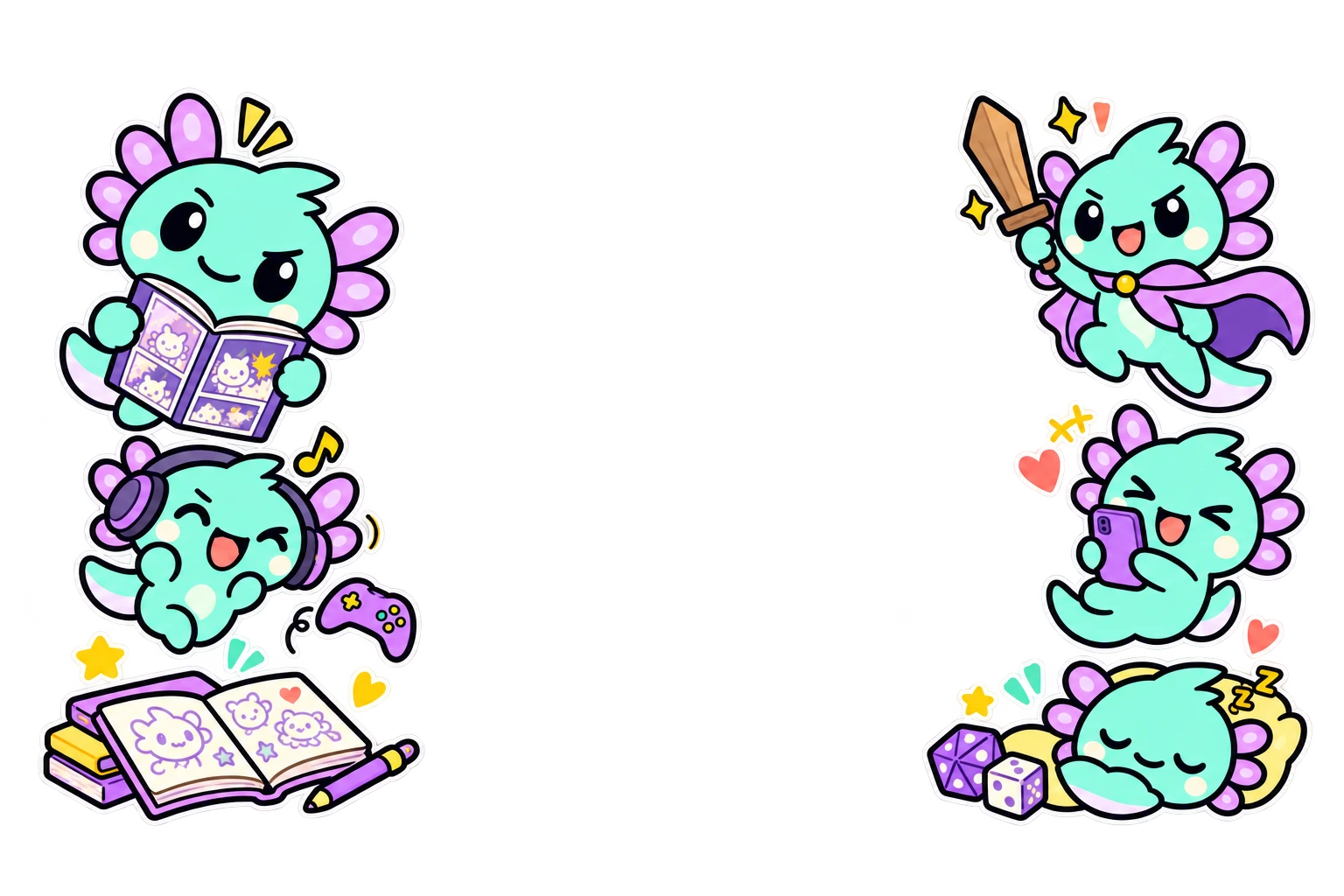 Nariko's axolotl mascots reading manga, gaming, and roleplaying